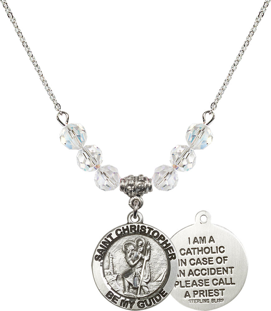 Sterling Silver Saint Christopher Birthstone Necklace with Crystal Beads - 4049