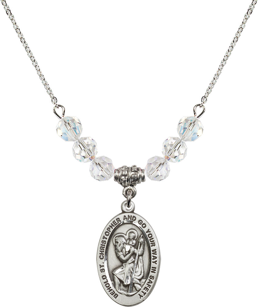Sterling Silver Saint Christopher Birthstone Necklace with Crystal Beads - 4123