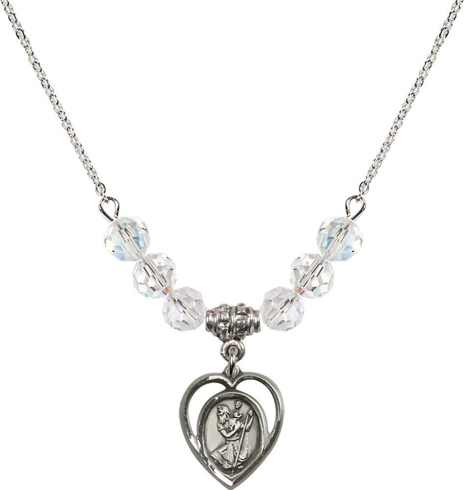 Sterling Silver Saint Christopher Birthstone Necklace with Crystal Beads - 4127