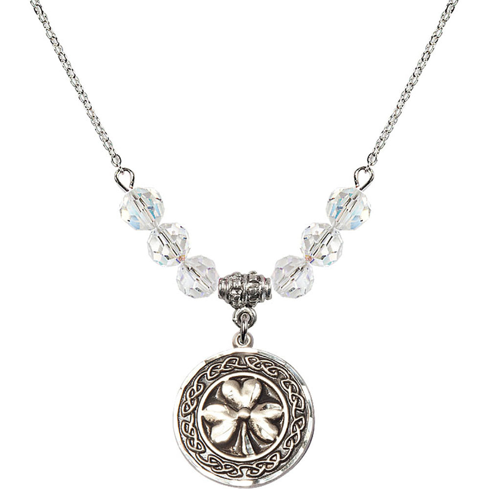 Sterling Silver Shamrock w/ Celtic Border Birthstone Necklace with Crystal Beads - 5106
