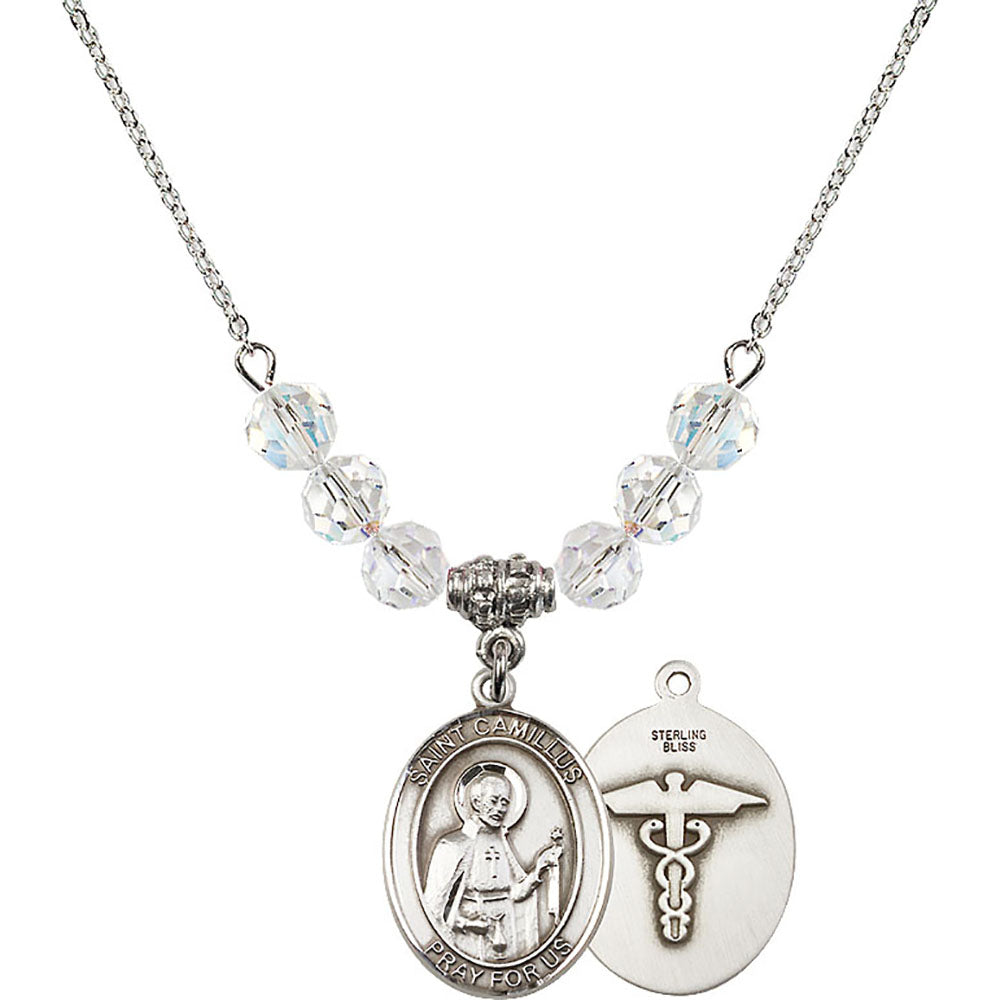 Sterling Silver Saint Camillus of Lellis / Nurse Birthstone Necklace with Crystal Beads - 8019