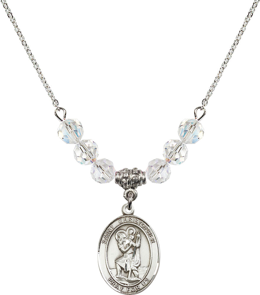 Sterling Silver Saint Christopher Birthstone Necklace with Crystal Beads - 8022