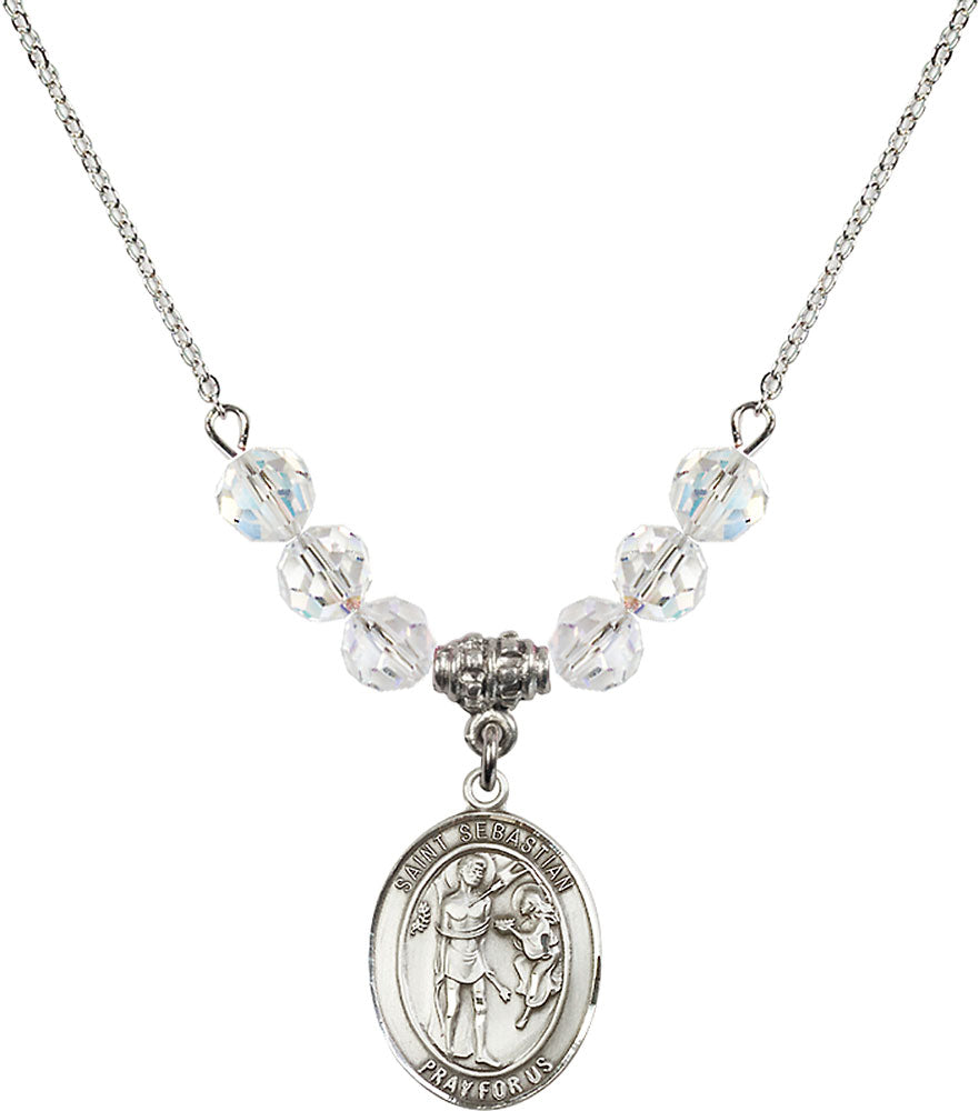 Sterling Silver Saint Sebastian Birthstone Necklace with Crystal Beads - 8100