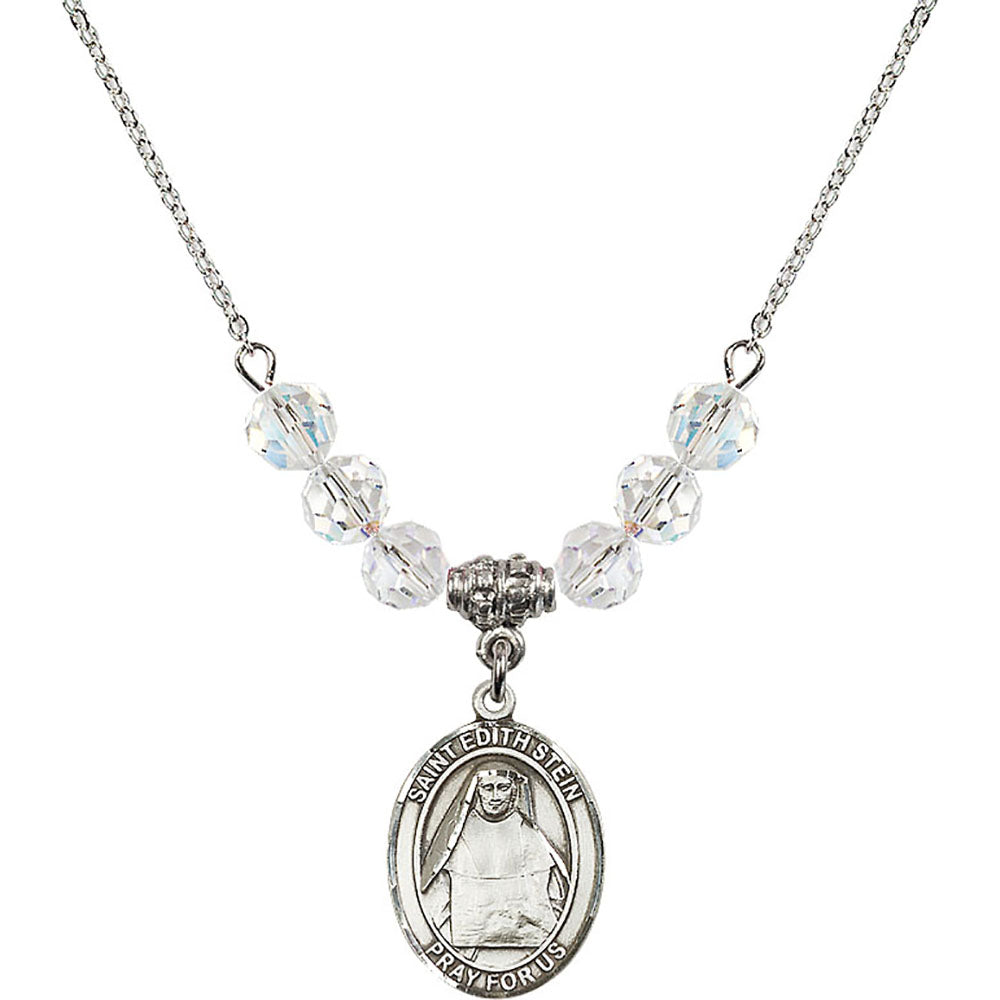 Sterling Silver Saint Edith Stein Birthstone Necklace with Crystal Beads - 8103