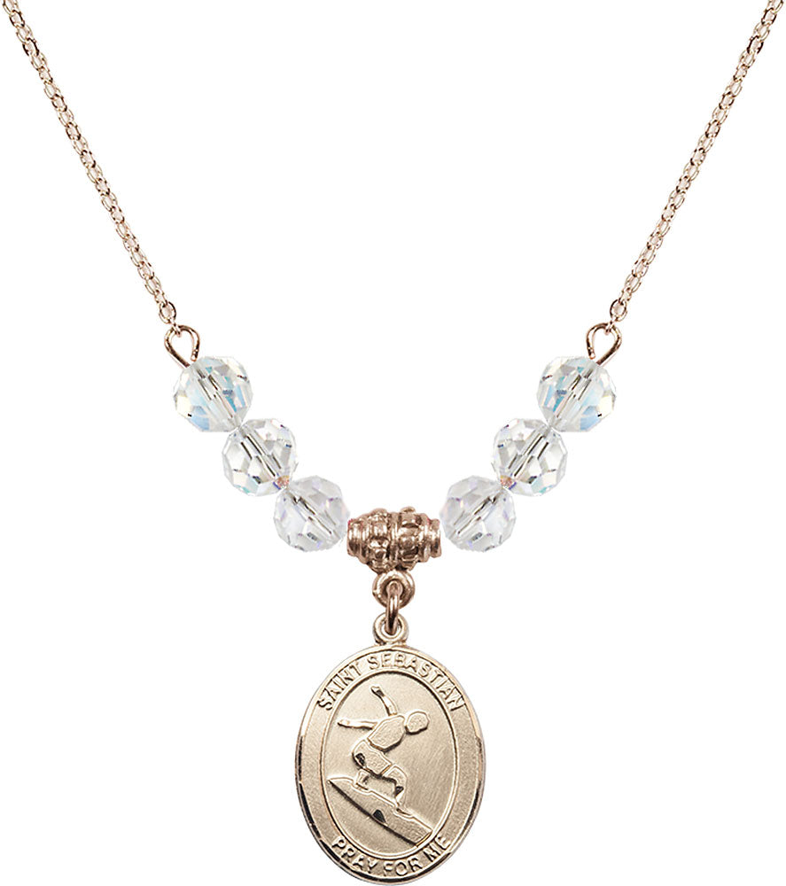 14kt Gold Filled Saint Sebastian/Surfing Birthstone Necklace with Crystal Beads - 8175