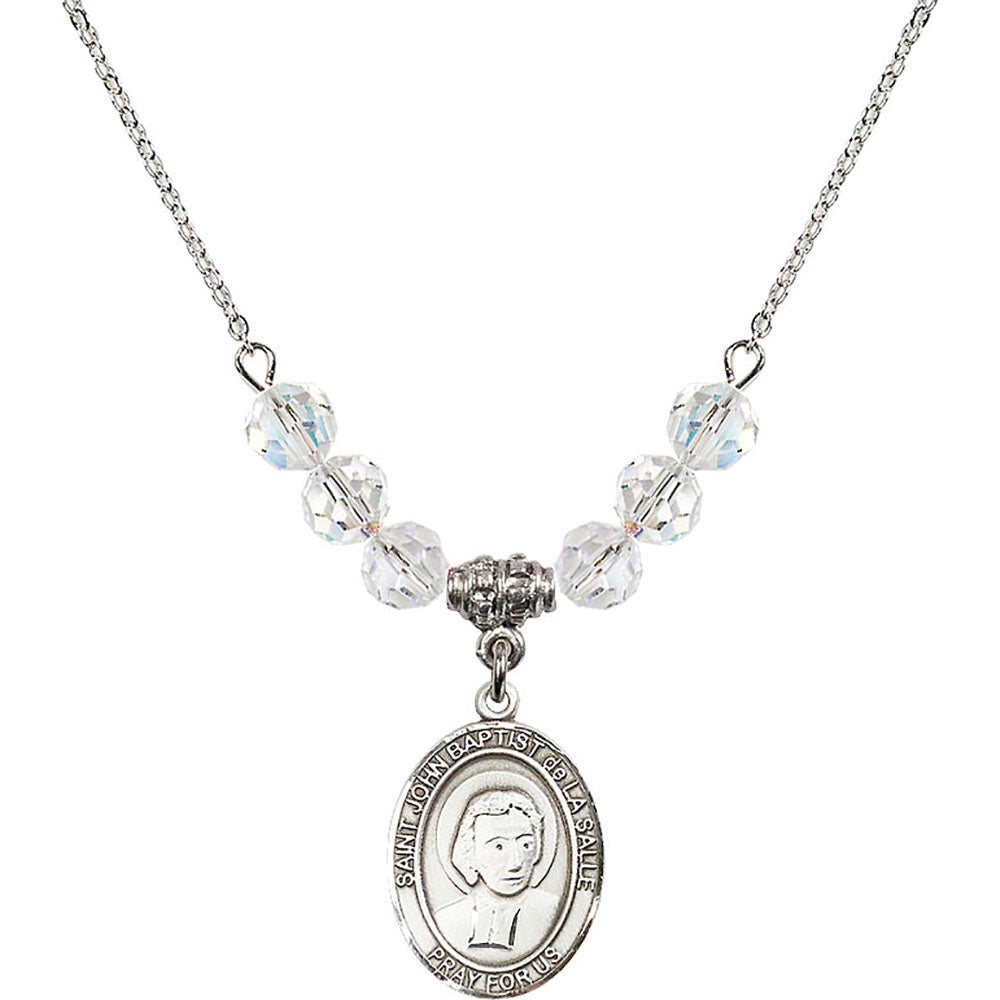Sterling Silver Saint John Baptist de la Salle Birthstone Necklace with Crystal Beads - 8262