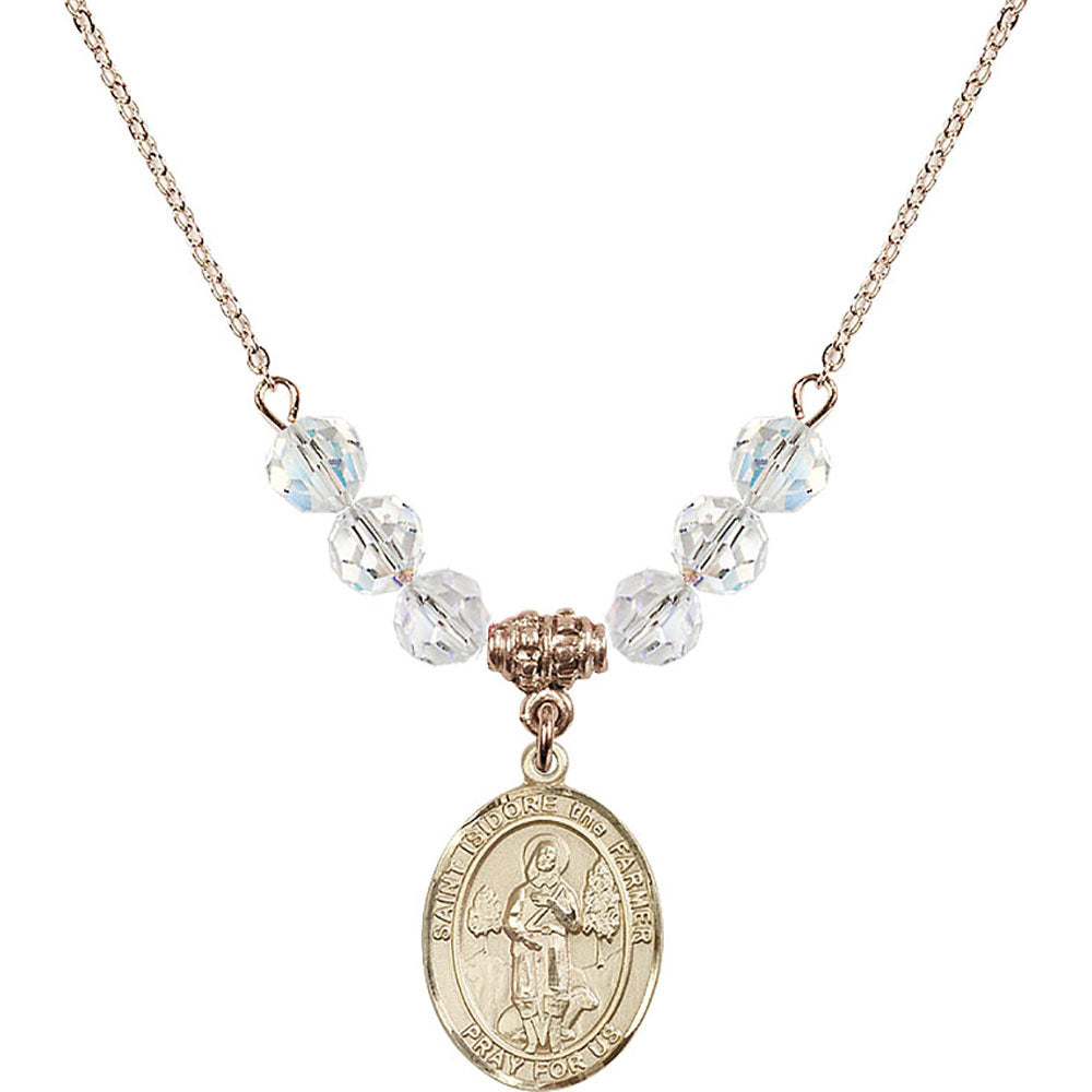 14kt Gold Filled Saint Isidore the Farmer Birthstone Necklace with Crystal Beads - 8276