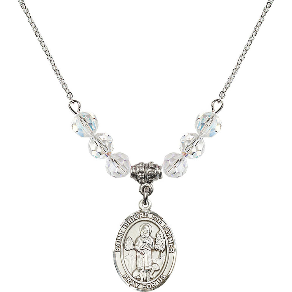 Sterling Silver Saint Isidore the Farmer Birthstone Necklace with Crystal Beads - 8276