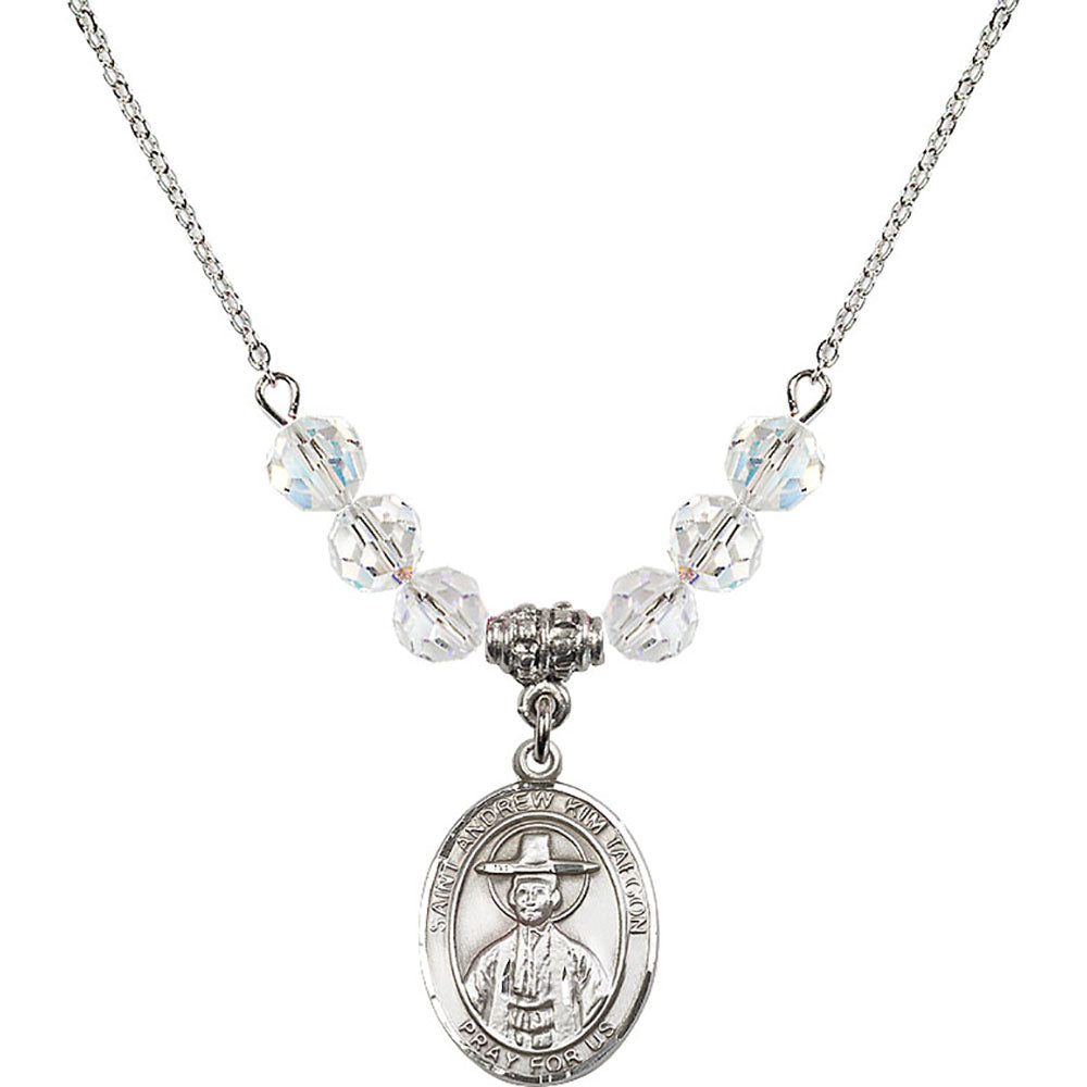 Sterling Silver Saint Andrew Kim Taegon Birthstone Necklace with Crystal Beads - 8373