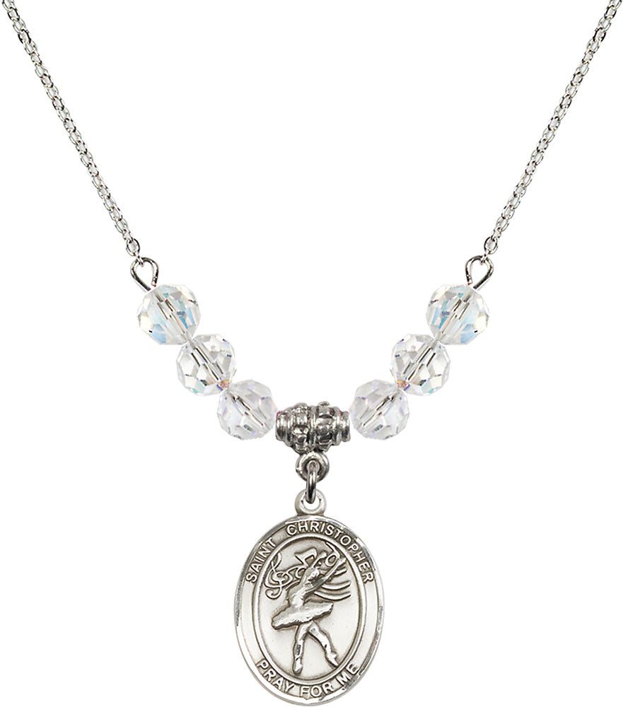 Sterling Silver Saint Christopher/Dance Birthstone Necklace with Crystal Beads - 8512