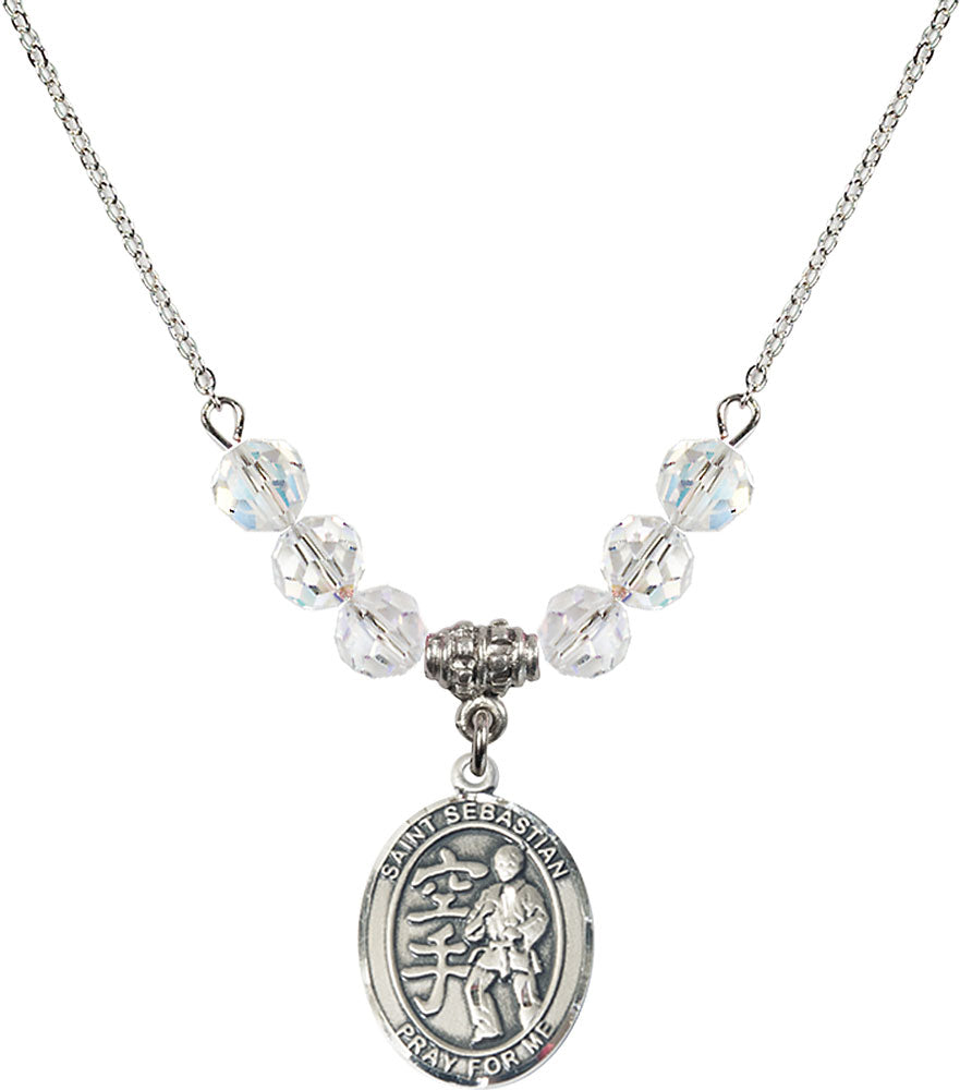 Sterling Silver Saint Sebastian/Karate Birthstone Necklace with Crystal Beads - 8615