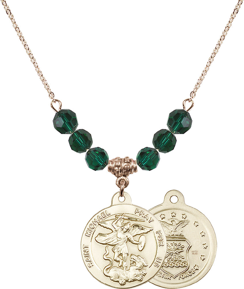 14kt Gold Filled Saint Michael / Air Force Birthstone Necklace with Emerald Beads - 0342