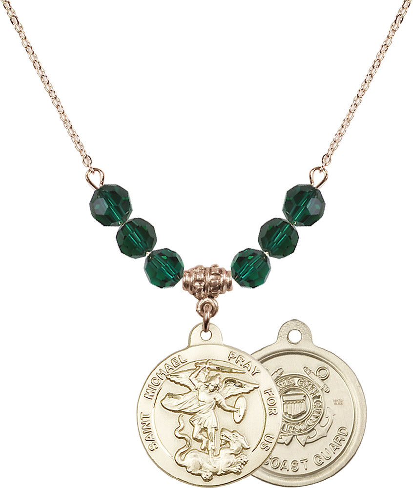 14kt Gold Filled Saint Michael / Coast Guard Birthstone Necklace with Emerald Beads - 0342