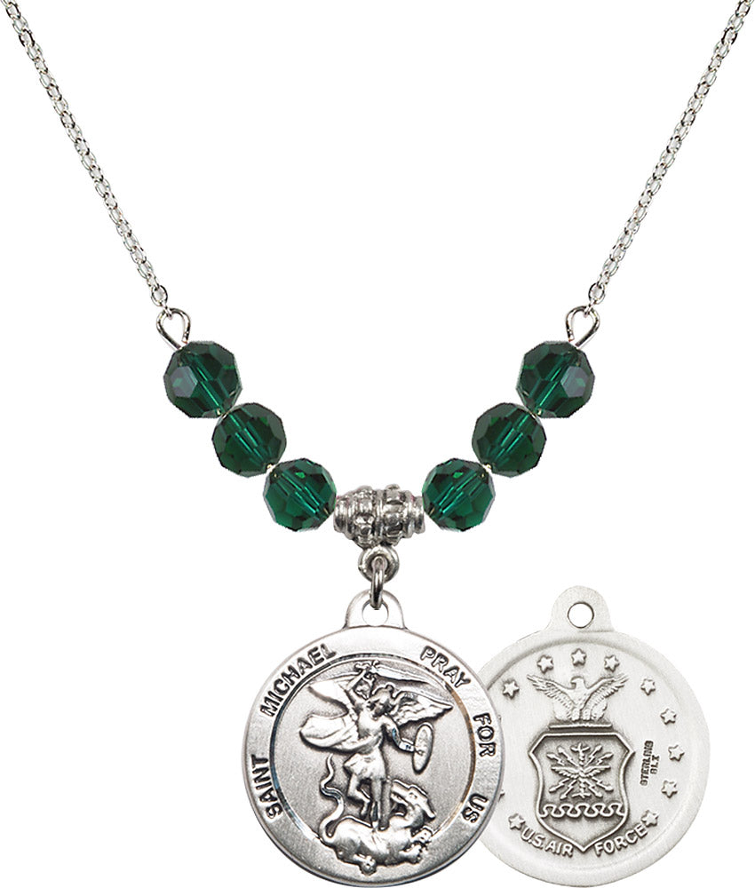 Sterling Silver Saint Michael / Air Force Birthstone Necklace with Emerald Beads - 0342