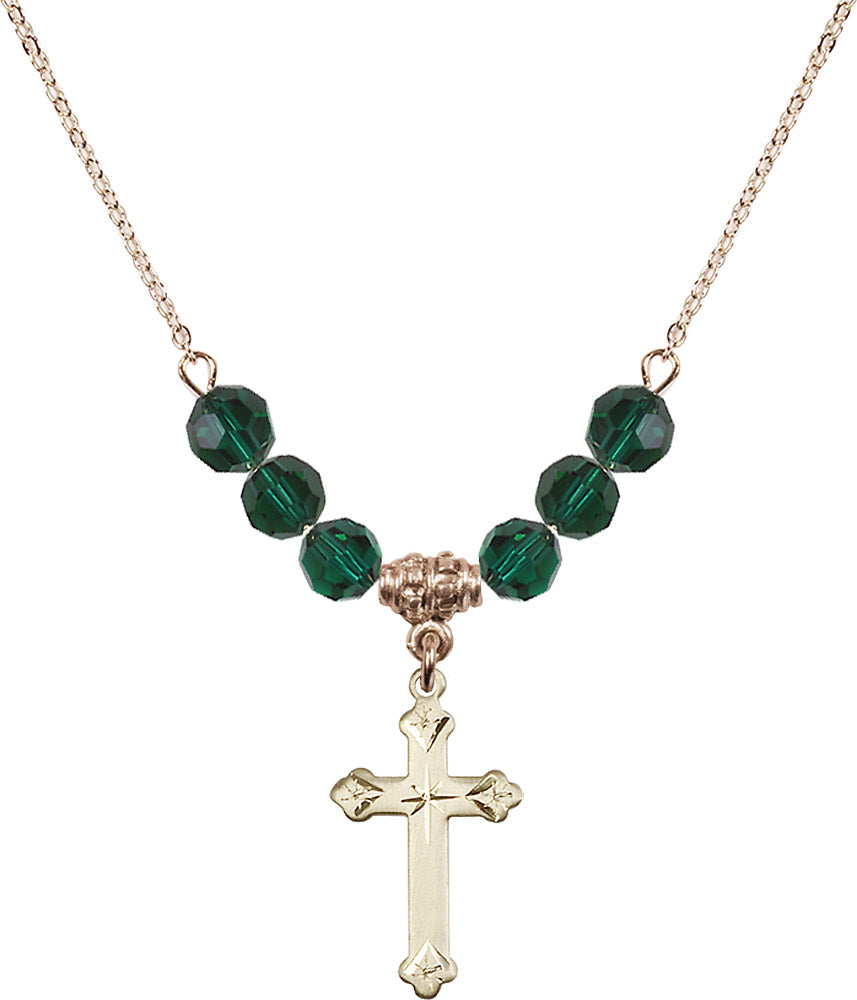 14kt Gold Filled Cross Birthstone Necklace with Emerald Beads - 0667