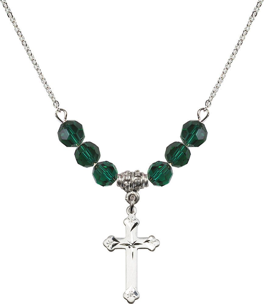 Sterling Silver Cross Birthstone Necklace with Emerald Beads - 0667