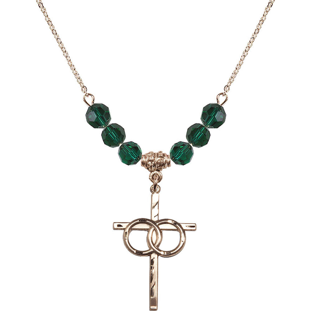 14kt Gold Filled Wedding Rings Cross Birthstone Necklace with Emerald Beads - 0671