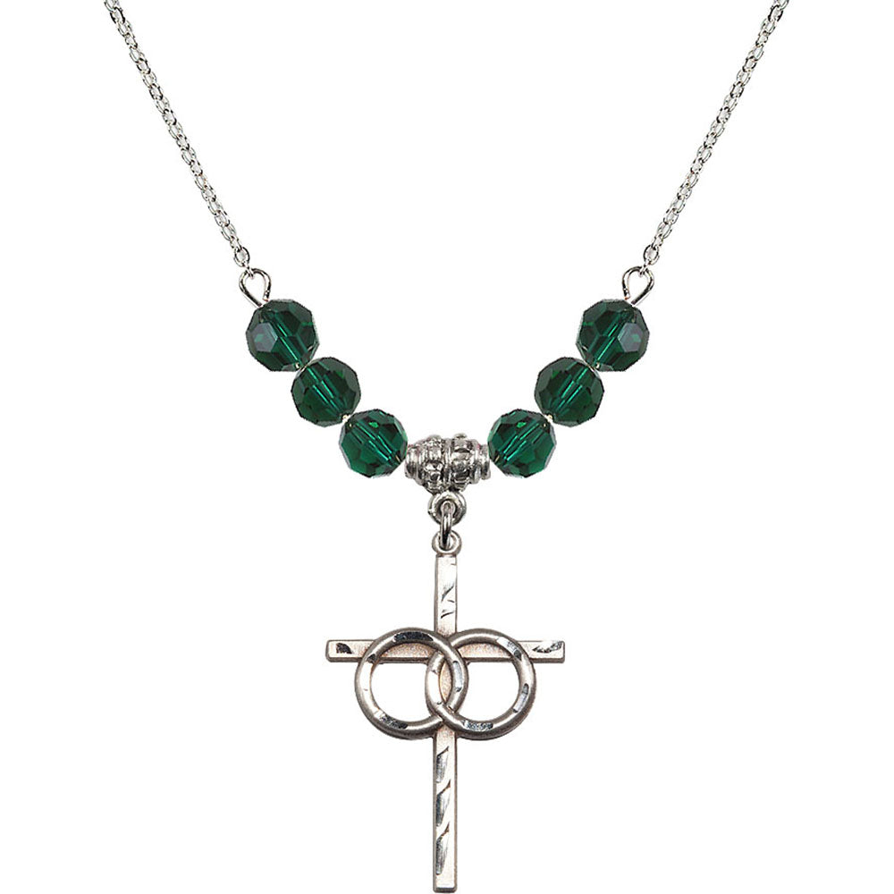 Sterling Silver Wedding Rings Cross Birthstone Necklace with Emerald Beads - 0671