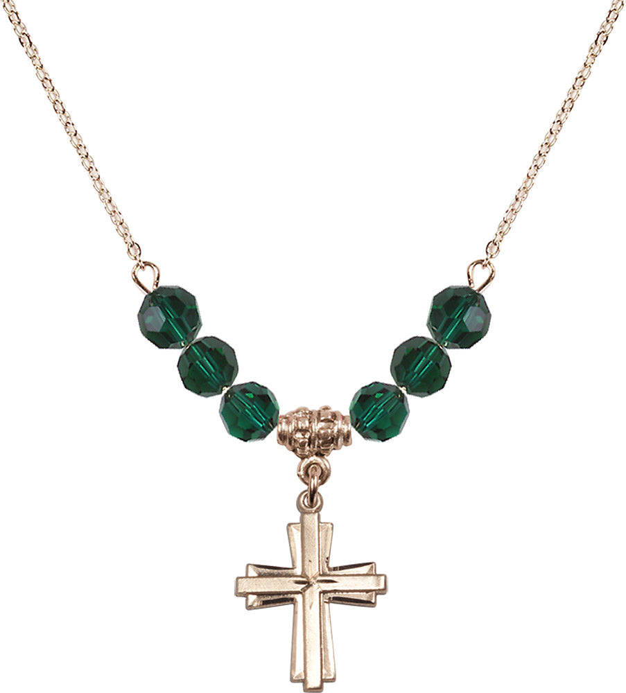 14kt Gold Filled Cross Birthstone Necklace with Emerald Beads - 0675