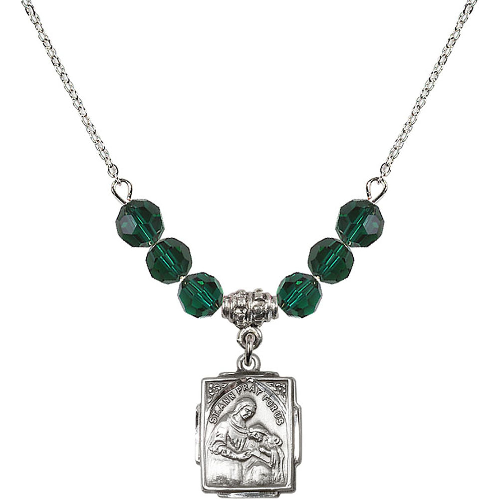 Sterling Silver Saint Ann Birthstone Necklace with Emerald Beads - 0804