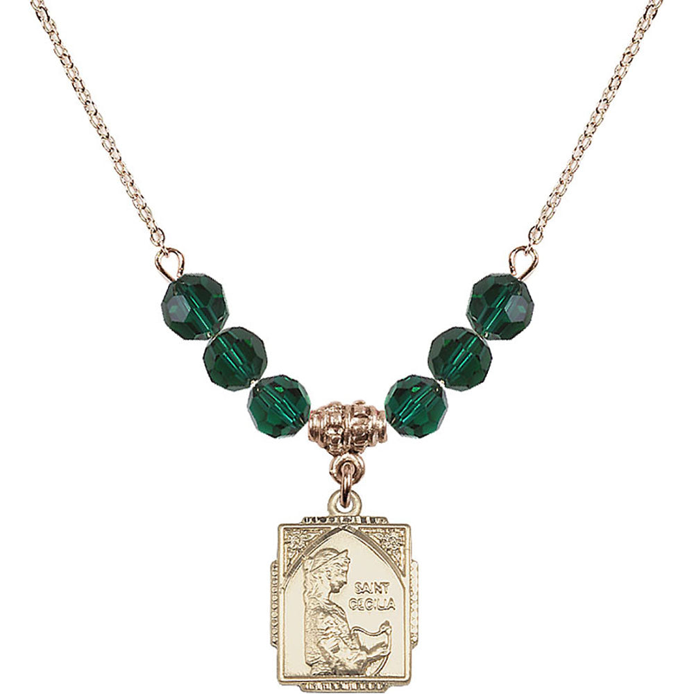 14kt Gold Filled Saint Cecilia Birthstone Necklace with Emerald Beads - 0804