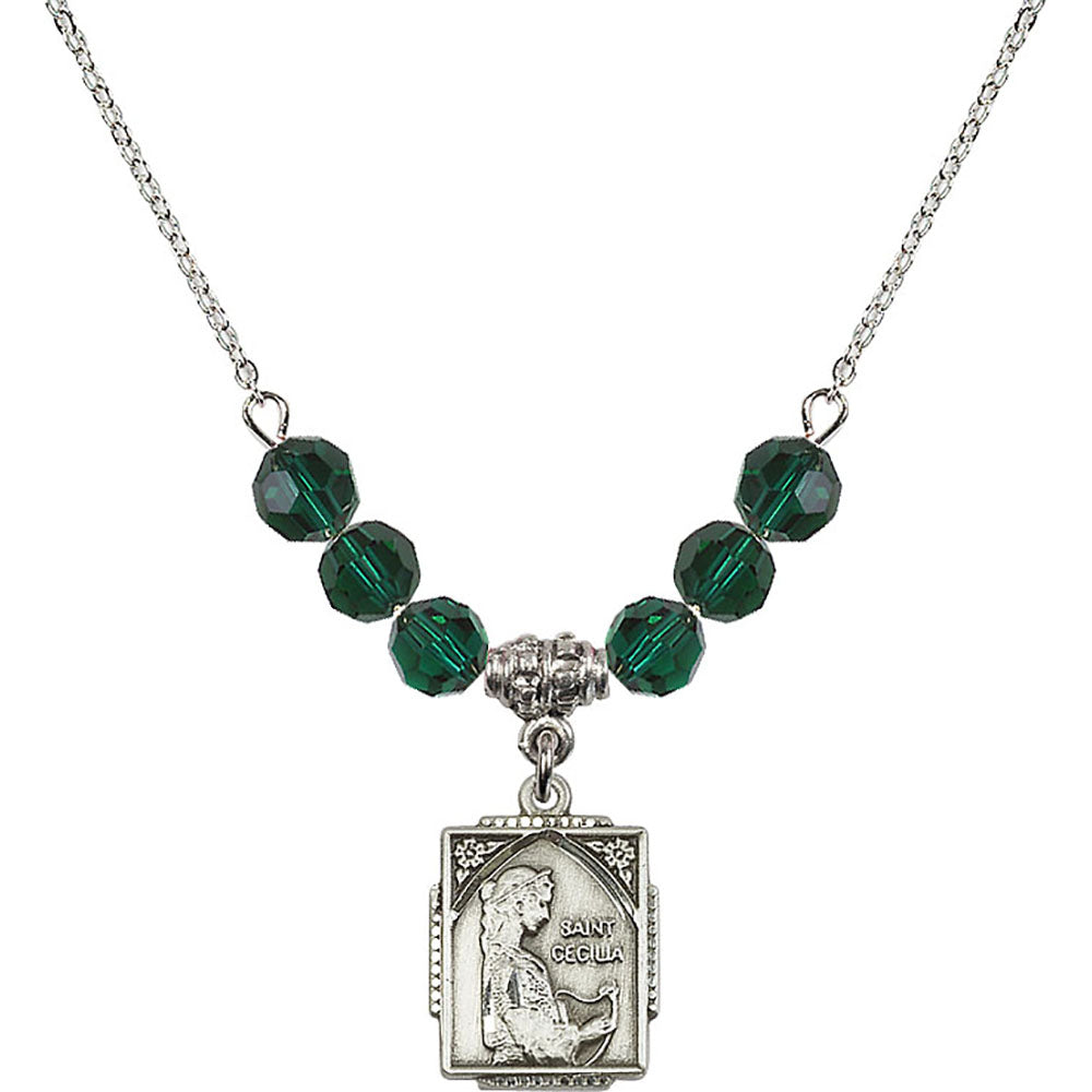 Sterling Silver Saint Cecilia Birthstone Necklace with Emerald Beads - 0804