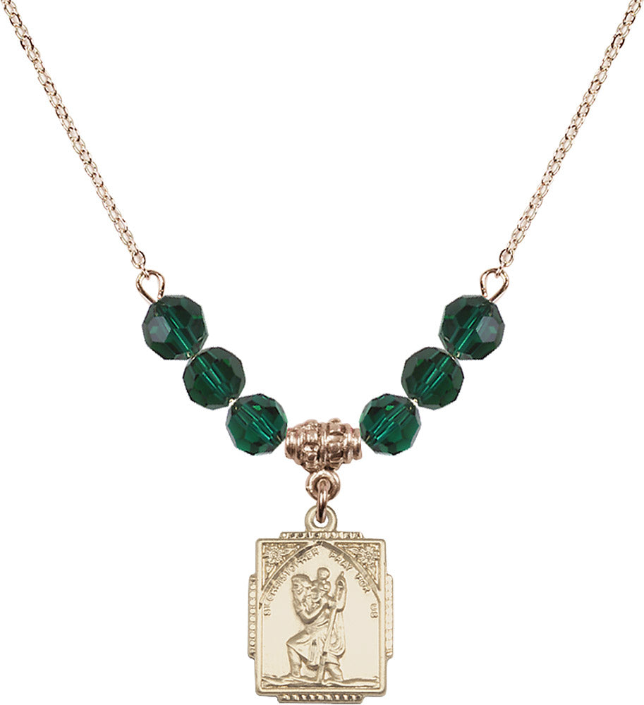14kt Gold Filled Saint Christopher Birthstone Necklace with Emerald Beads - 0804
