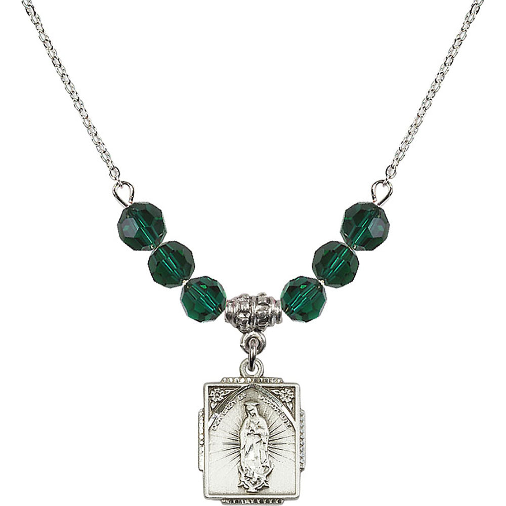 Sterling Silver Our Lady of Guadalupe Birthstone Necklace with Emerald Beads - 0804