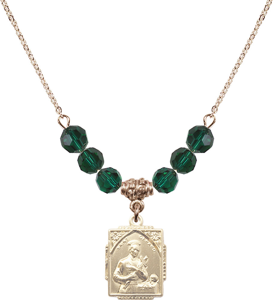14kt Gold Filled Saint Gerard Birthstone Necklace with Emerald Beads - 0804