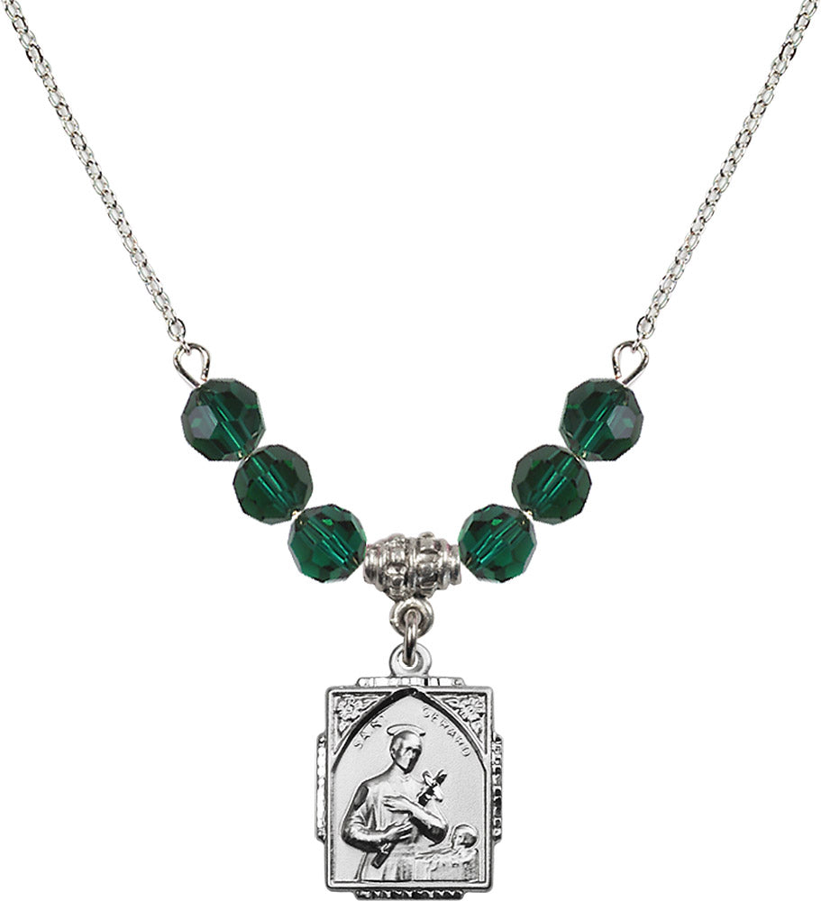 Sterling Silver Saint Gerard Birthstone Necklace with Emerald Beads - 0804