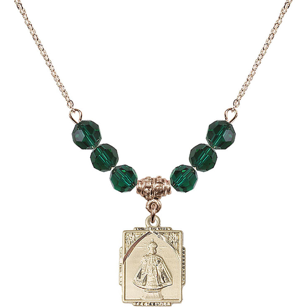 14kt Gold Filled Infant of Prague Birthstone Necklace with Emerald Beads - 0804