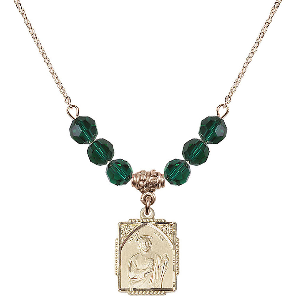 14kt Gold Filled Saint Jude Birthstone Necklace with Emerald Beads - 0804