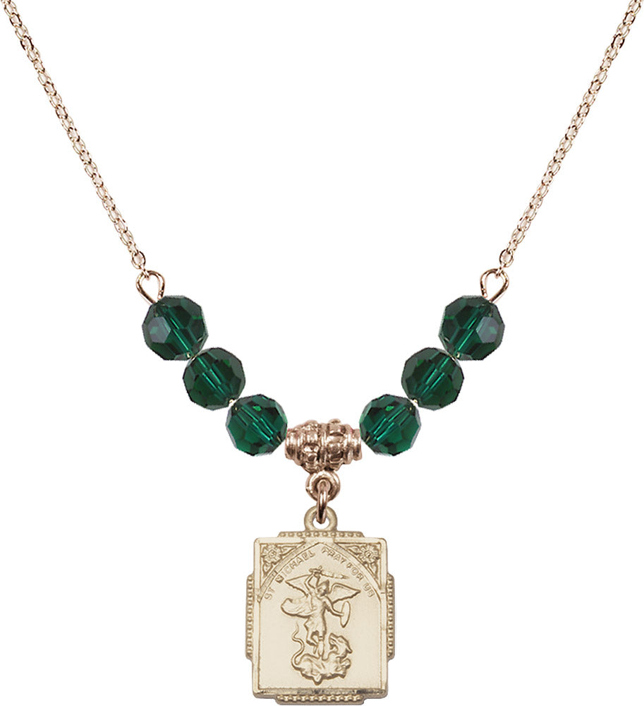 14kt Gold Filled Saint Michael the Archangel Birthstone Necklace with Emerald Beads - 0804