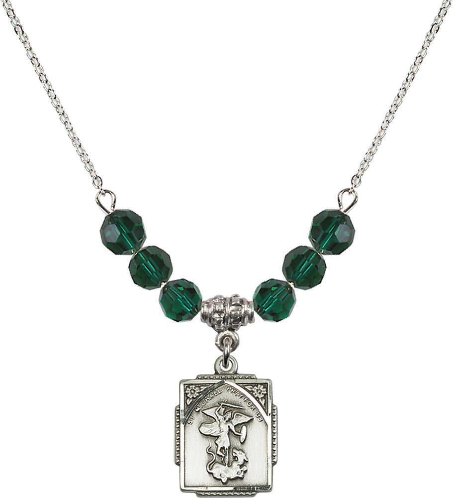 Sterling Silver Saint Michael the Archangel Birthstone Necklace with Emerald Beads - 0804