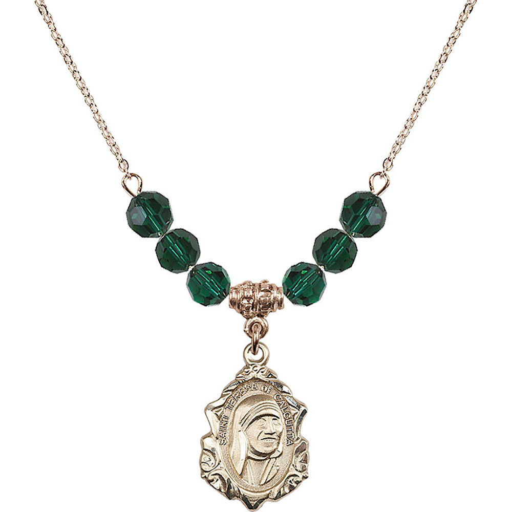 14kt Gold Filled Saint Teresa of Calcutta Birthstone Necklace with Emerald Beads - 0812