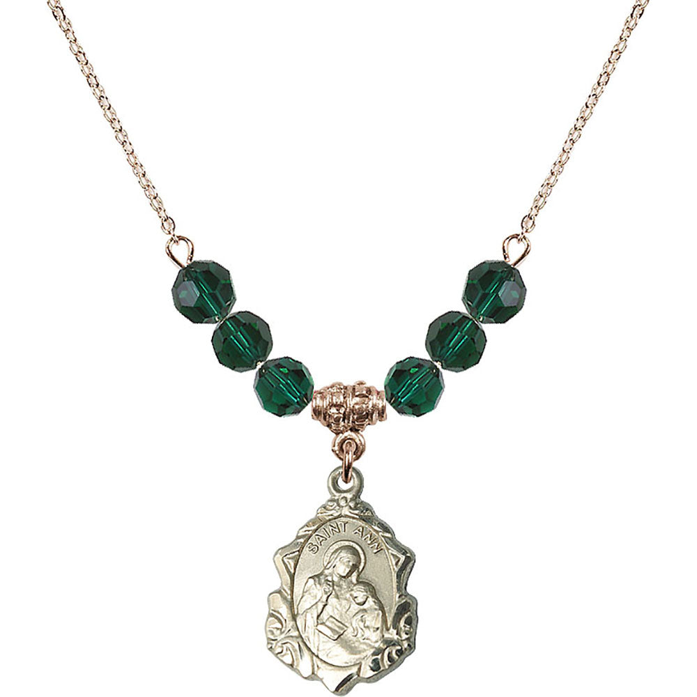 14kt Gold Filled Saint Ann Birthstone Necklace with Emerald Beads - 0822