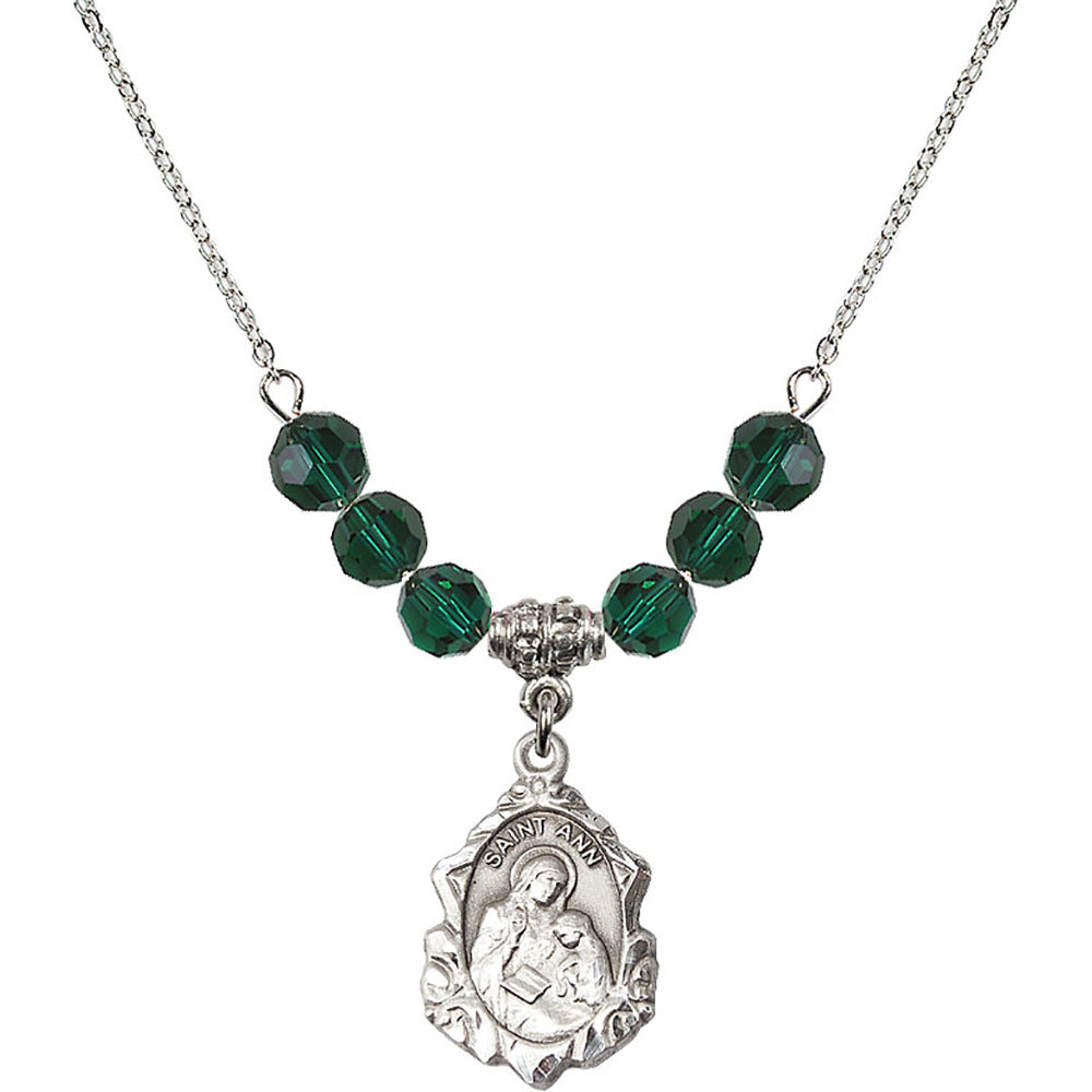 Sterling Silver Saint Ann Birthstone Necklace with Emerald Beads - 0822