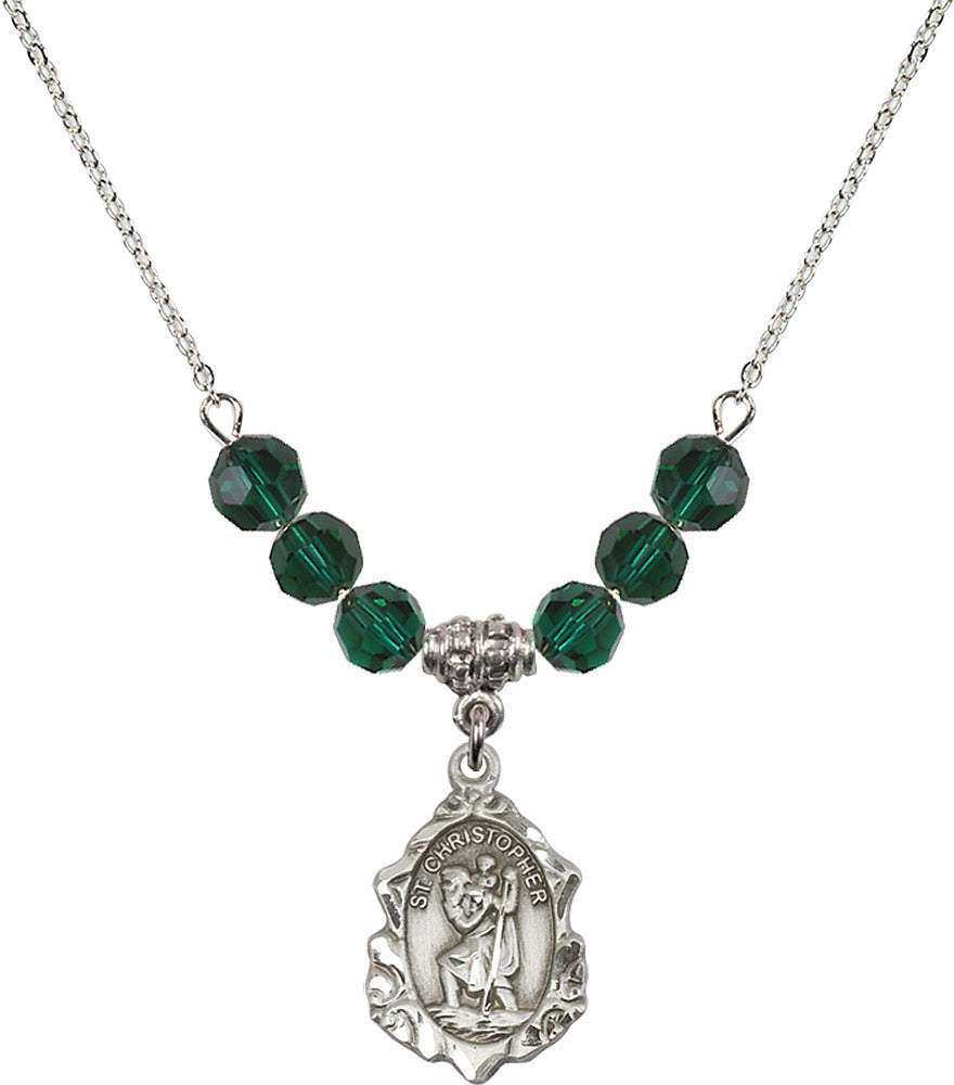 Sterling Silver Saint Christopher Birthstone Necklace with Emerald Beads - 0822