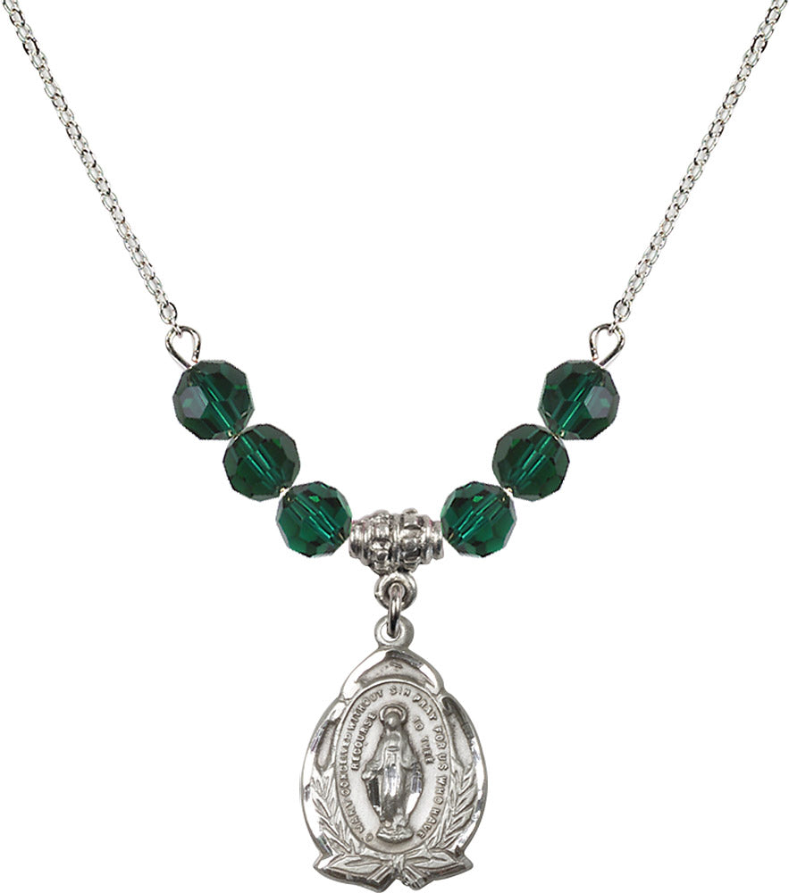 Sterling Silver Miraculous Birthstone Necklace with Emerald Beads - 1481