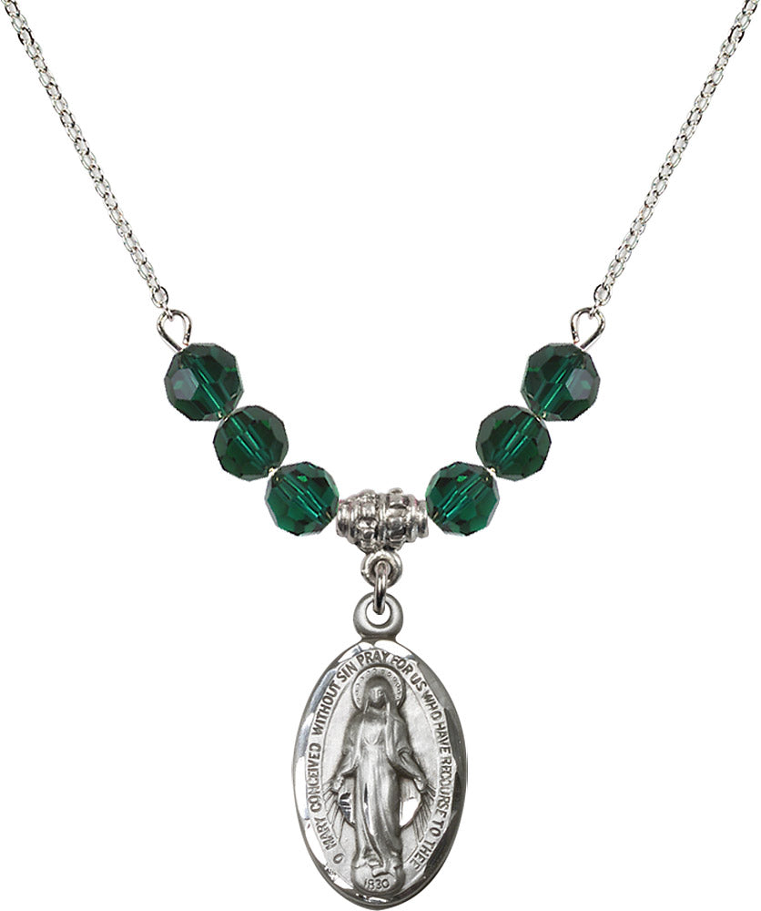 Sterling Silver Miraculous Birthstone Necklace with Emerald Beads - 1615