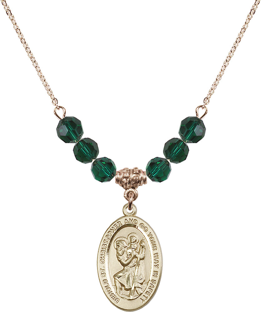14kt Gold Filled Saint Christopher Birthstone Necklace with Emerald Beads - 4123