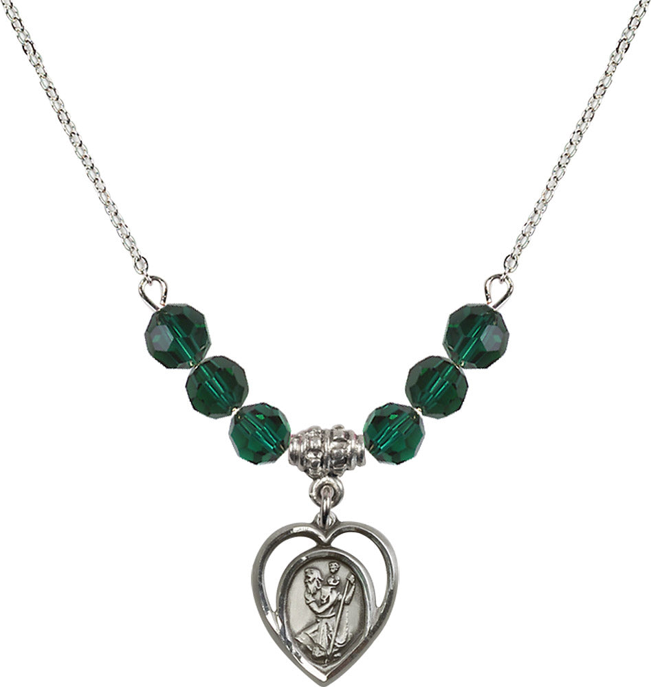 Sterling Silver Saint Christopher Birthstone Necklace with Emerald Beads - 4127