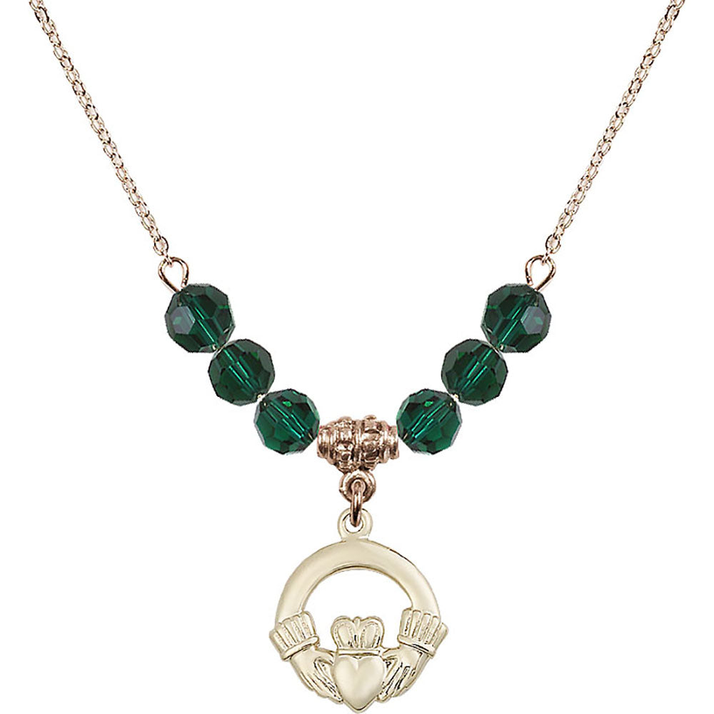 14kt Gold Filled Claddagh Birthstone Necklace with Emerald Beads - 4138