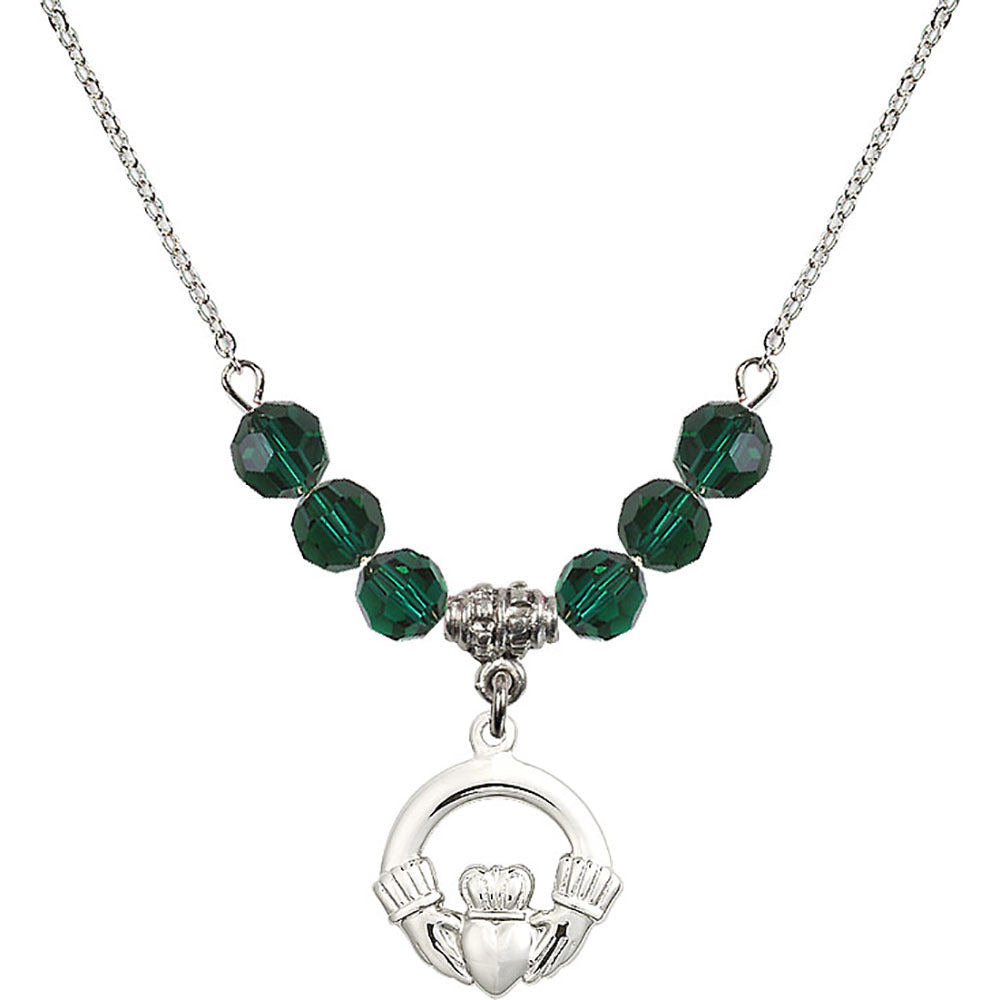 Sterling Silver Claddagh Birthstone Necklace with Emerald Beads - 4138