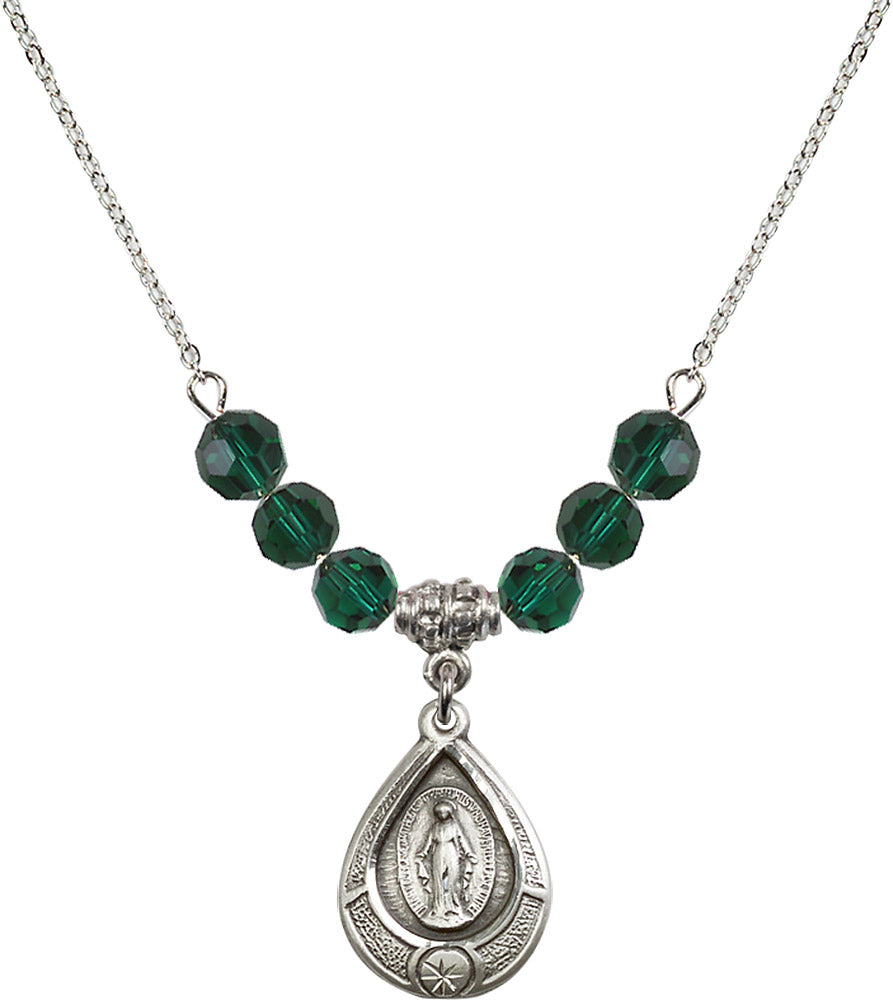 Sterling Silver Miraculous Birthstone Necklace with Emerald Beads - 4144