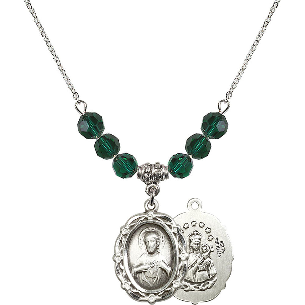 Sterling Silver Scapular Birthstone Necklace with Emerald Beads - 4146
