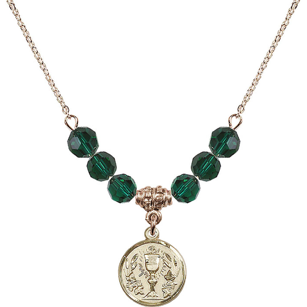 14kt Gold Filled Communion Chalice Birthstone Necklace with Emerald Beads - 4203