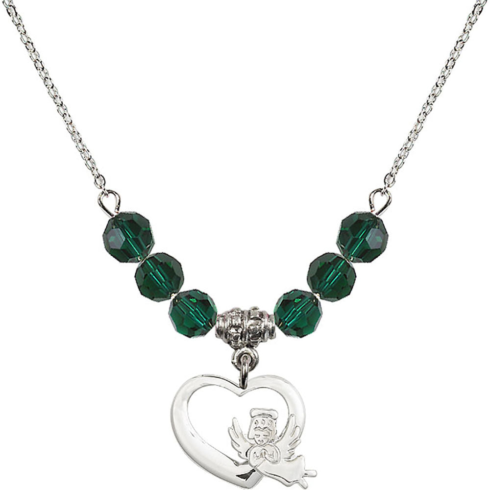 Sterling Silver Heart / Guardian Angel Birthstone Necklace with Emerald Beads - 4206