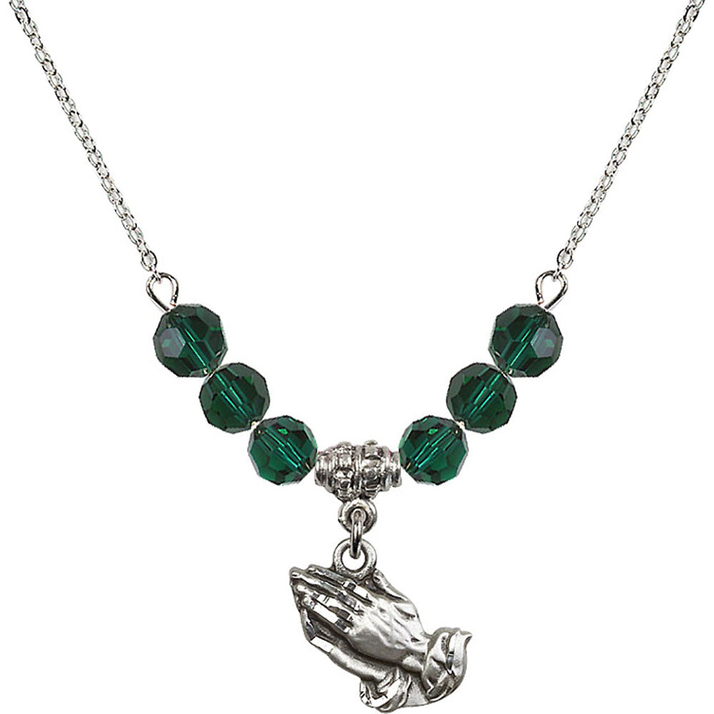 Sterling Silver Praying Hands Birthstone Necklace with Emerald Beads - 4219