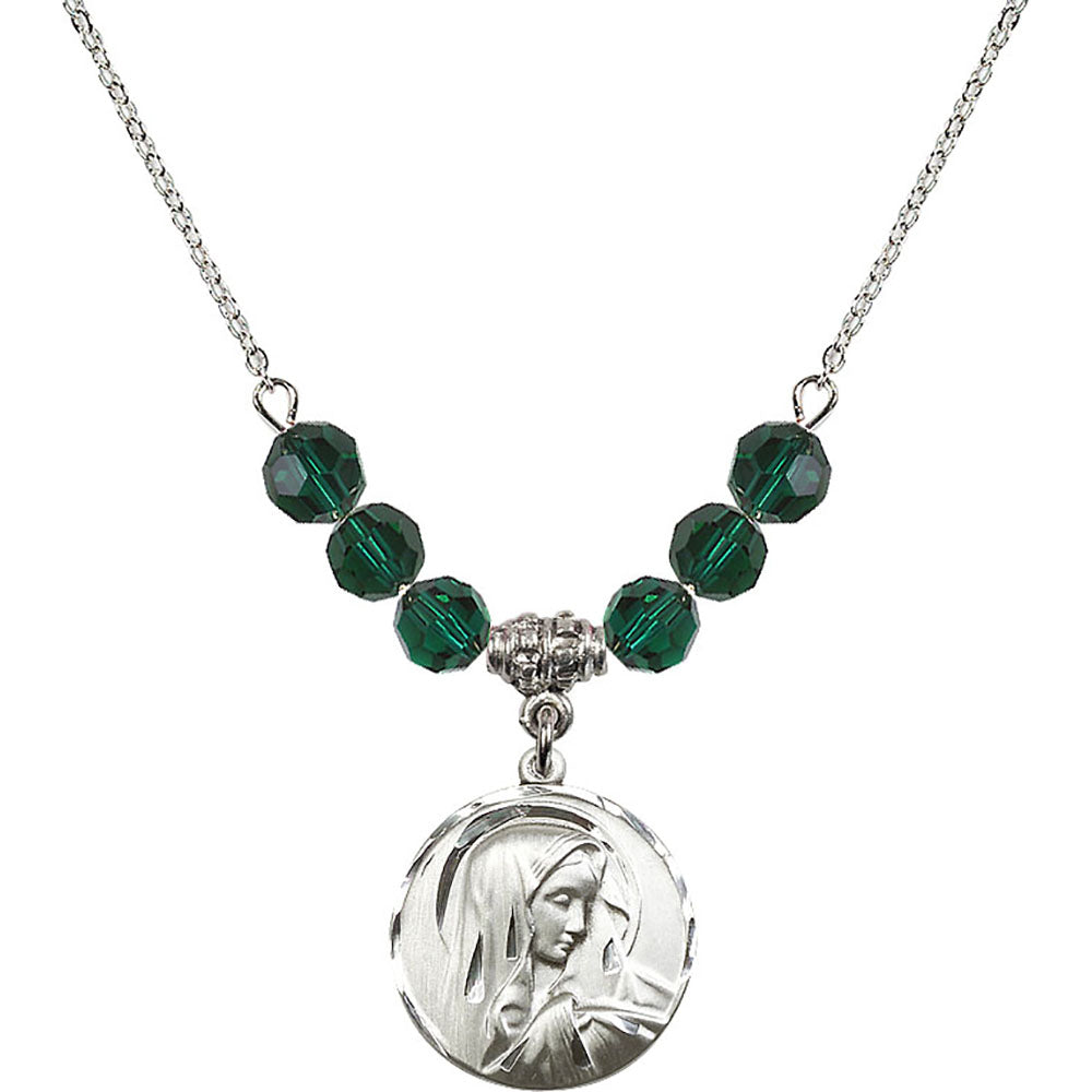 Sterling Silver Sorrowful Mother Birthstone Necklace with Emerald Beads - 4249
